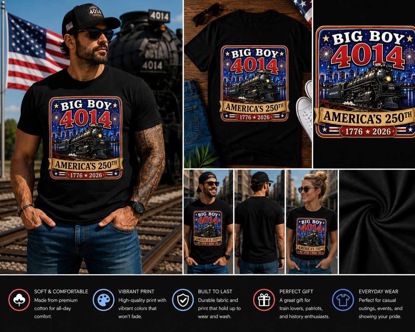 Big Boy 4014 America’s 250th Anniversary T-Shirt – Patriotic Steam Train Fireworks Graphic Tee | Railroad Heritage Celebration Shirt