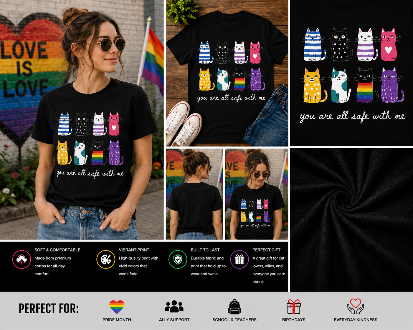 You Are All Safe With Me Cute Rainbow Cat Pride T-Shirt – LGBTQ Ally Support Cat Lover Graphic Tee