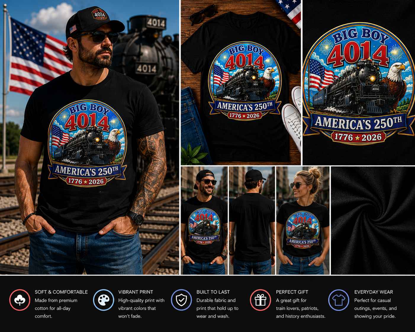 Big Boy 4014 America’s 250th Anniversary T-Shirt – Patriotic Steam Train & Bald Eagle Graphic Tee, USA Independence Celebration 1776–2026