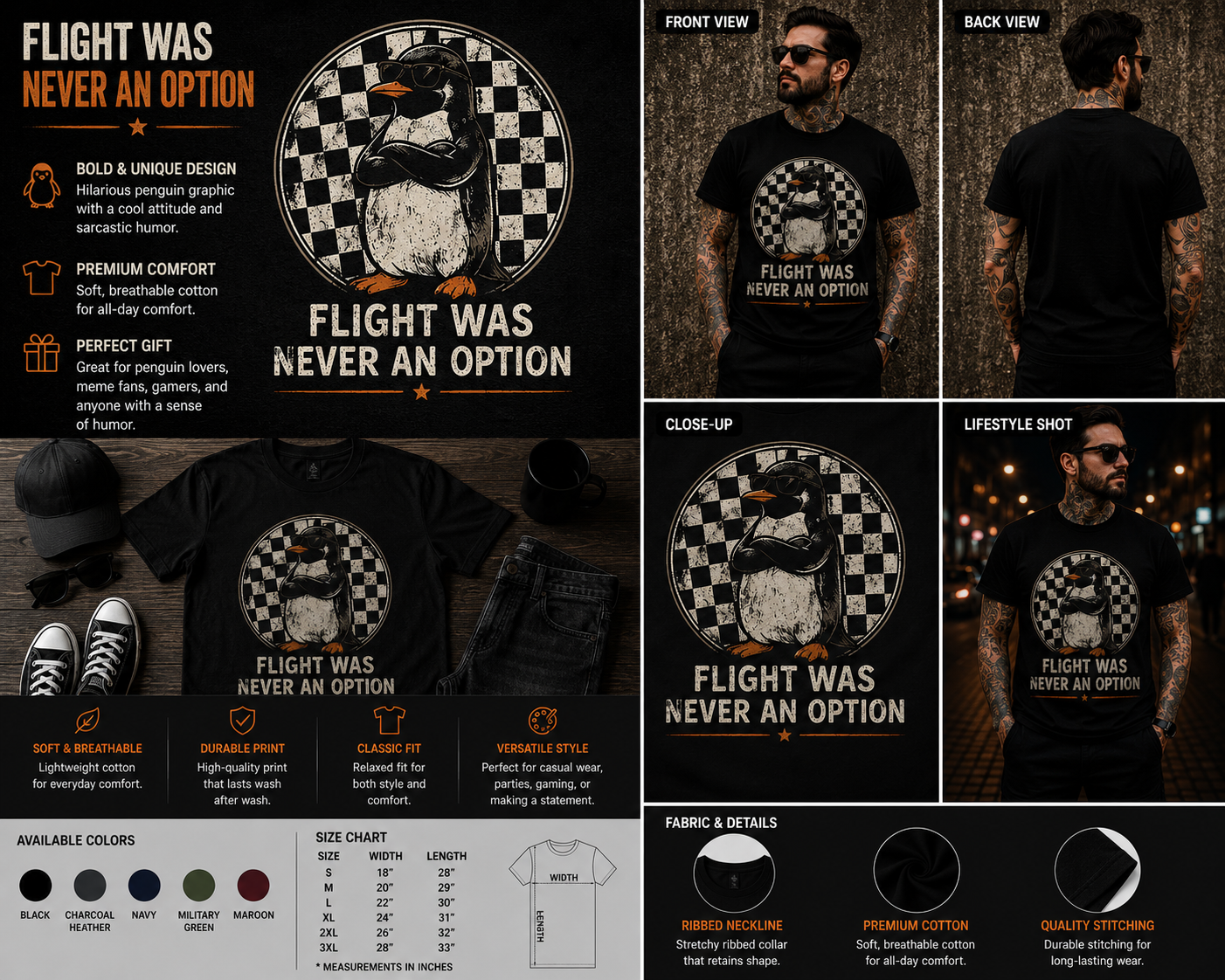 Flight Was Never an Option Cool Penguin T-Shirt – Funny Retro Penguin Graphic Tee