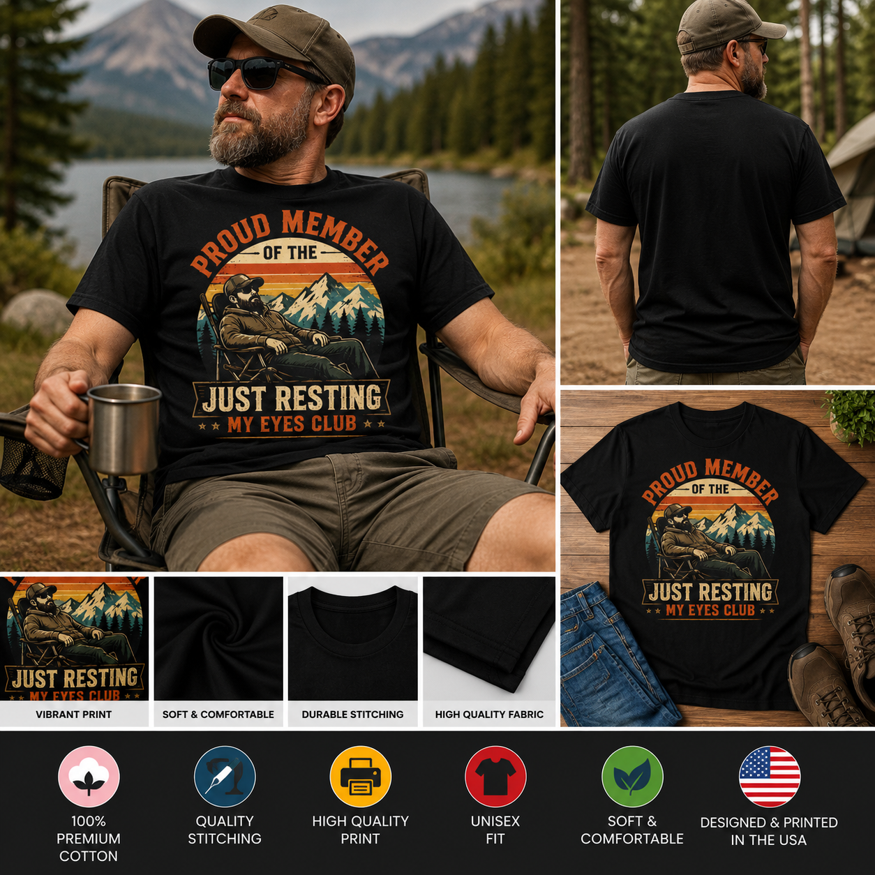 Proud Member of the Just Resting My Eyes Club T-Shirt – Funny Dad Camping Shirt, Vintage Father’s Day Graphic Tee for Men