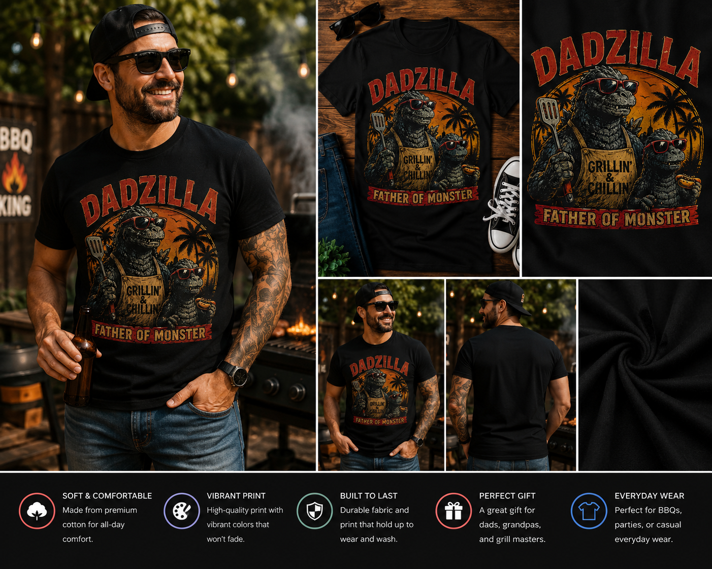 Dadzilla Father of Monsters T-Shirt – Funny Grilling Dadzilla Father’s Day Graphic Tee for BBQ Dads