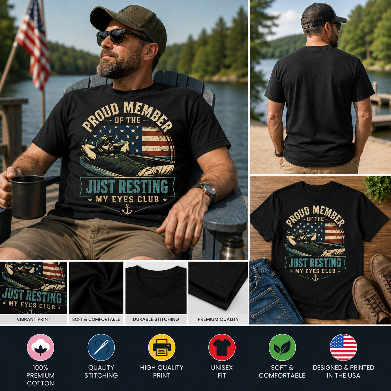 Proud Member of the Just Resting My Eyes Club T-Shirt – Funny Patriotic Dad Shirt, Vintage Father's Day Graphic Tee for Men