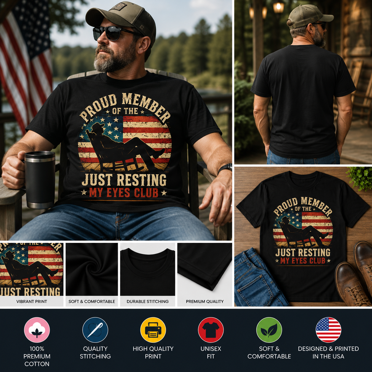 Proud Member of the Just Resting My Eyes Club T-Shirt – Funny Patriotic Dad Shirt, Vintage American Flag Father's Day Graphic Tee