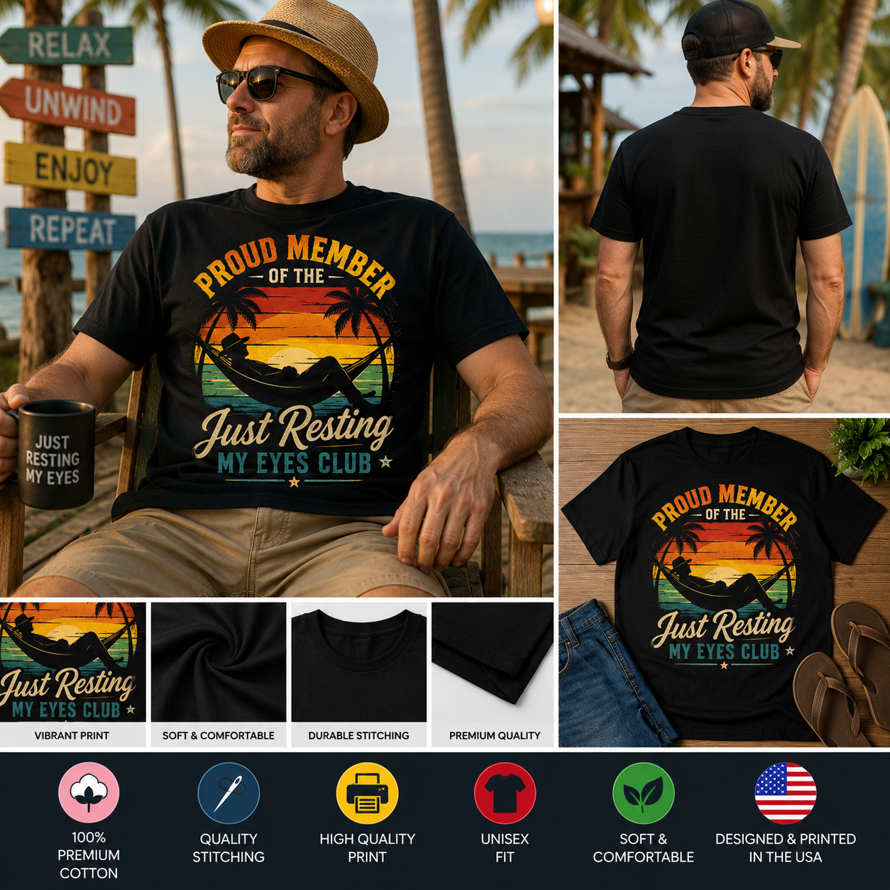Proud Member of the Just Resting My Eyes Club T-Shirt – Funny Beach Vacation Dad Shirt, Vintage Sunset Hammock Graphic Tee