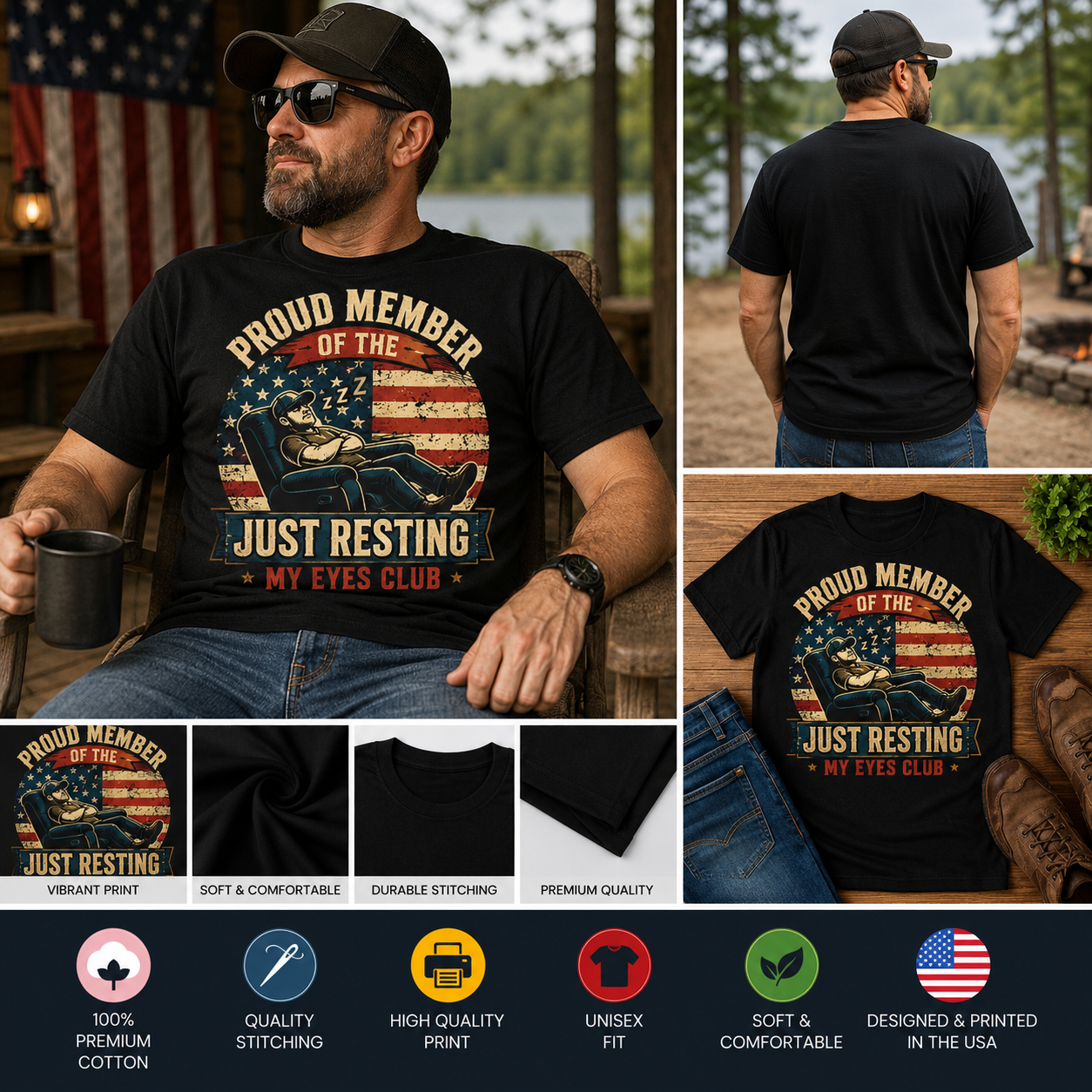 Proud Member of the Just Resting My Eyes Club T-Shirt – Funny Sleeping Dad Shirt, Patriotic American Flag Father's Day Graphic Tee