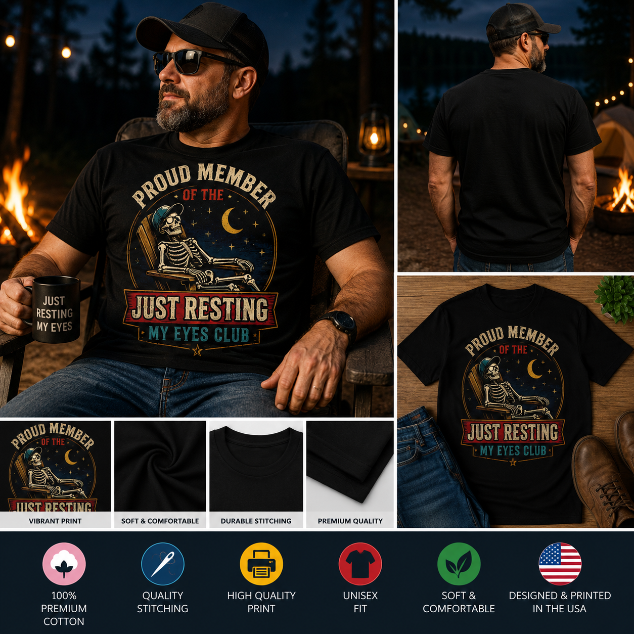 Proud Member of the Just Resting My Eyes Club Skeleton T-Shirt – Funny Sleeping Skeleton Graphic Tee, Halloween Dad Humor Shirt