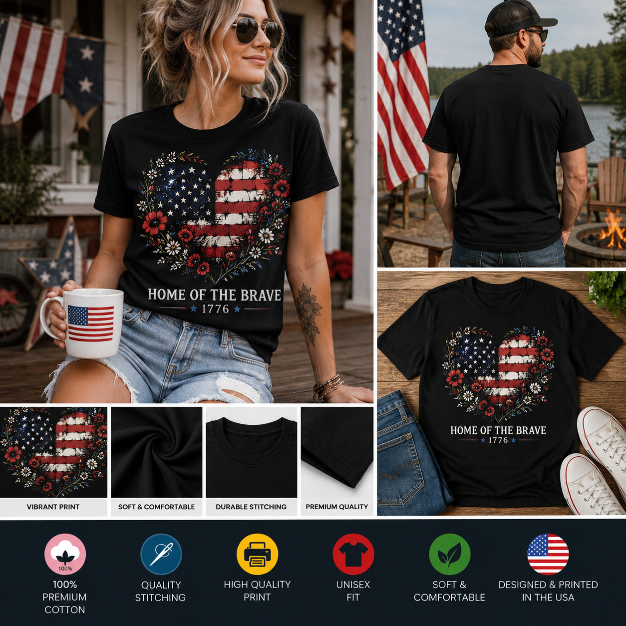 Home of the Brave 1776 American Flag Heart Floral T-Shirt | Patriotic USA Independence Day Graphic Tee | Vintage Fourth of July Shirt
