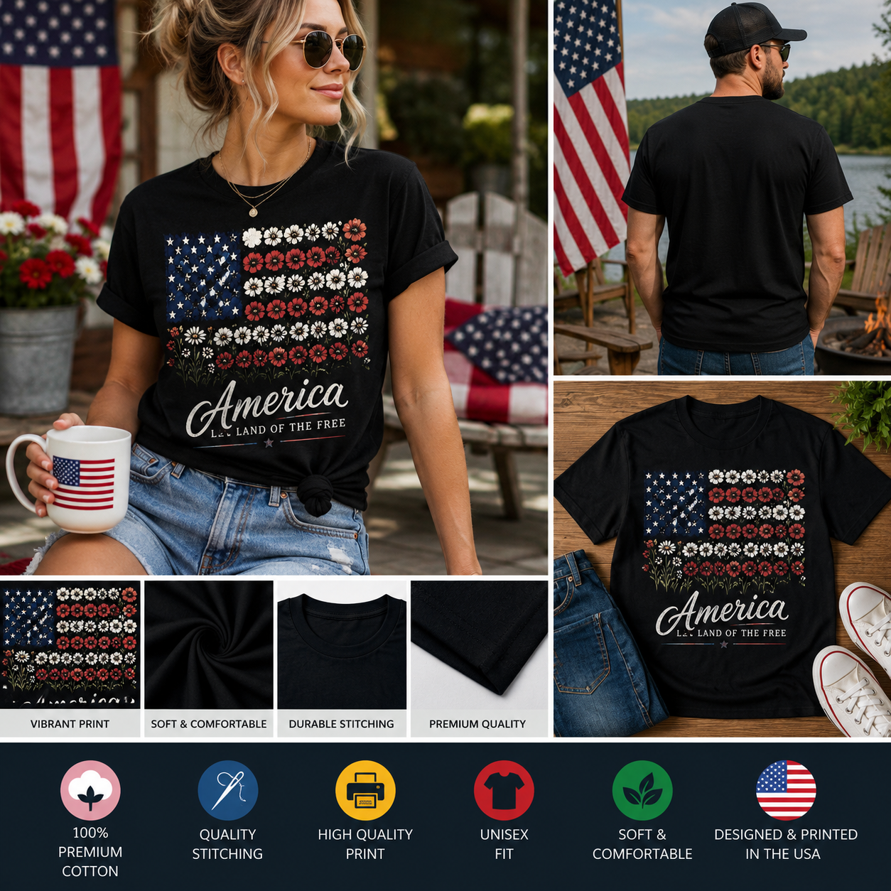 America Land of the Free Floral American Flag T-Shirt | Patriotic Wildflower USA Graphic Tee | Fourth of July Independence Day Shirt