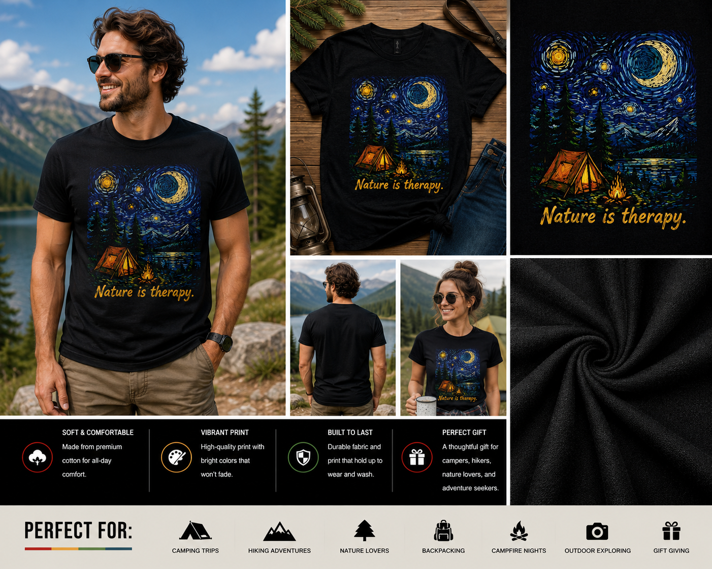 Nature Is Therapy Camping T-Shirt | Van Gogh Inspired Outdoor Adventure Graphic Tee | Camping & Hiking Nature Lover Shirt