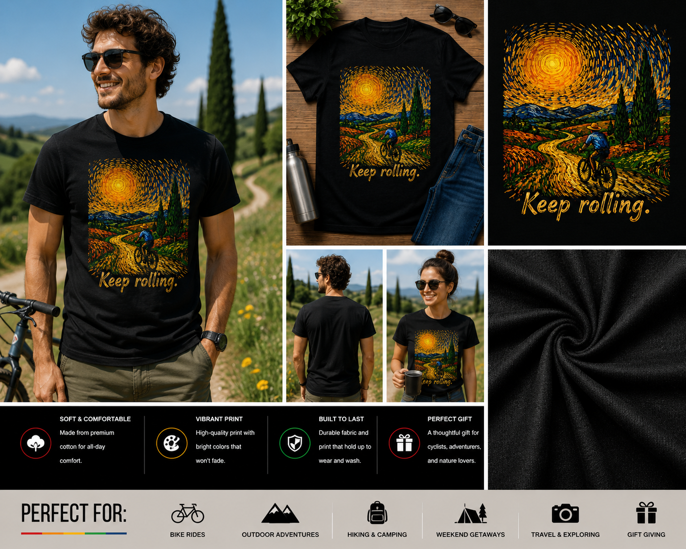 Keep Rolling Cycling T-Shirt | Van Gogh Inspired Bicycle Art Tee | Motivational Bike Rider Graphic Shirt for Cyclists & Outdoor Lovers