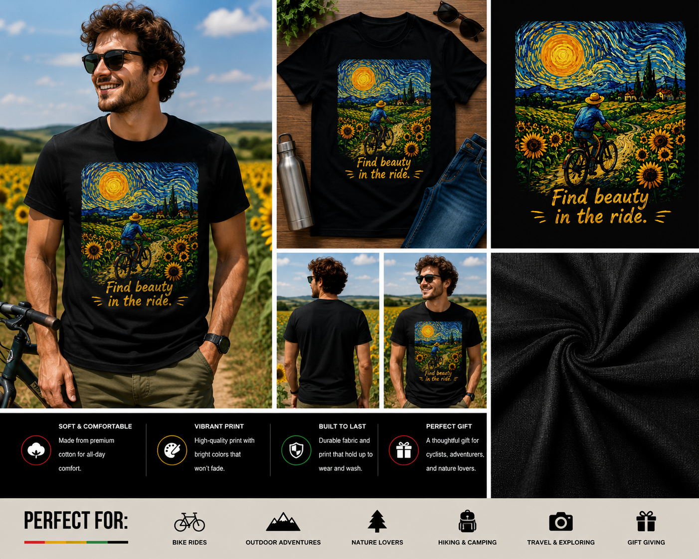 Find Beauty In The Ride Cycling T-Shirt | Van Gogh Inspired Sunflower Bicycle Art Tee | Motivational Bike Rider Graphic Shirt