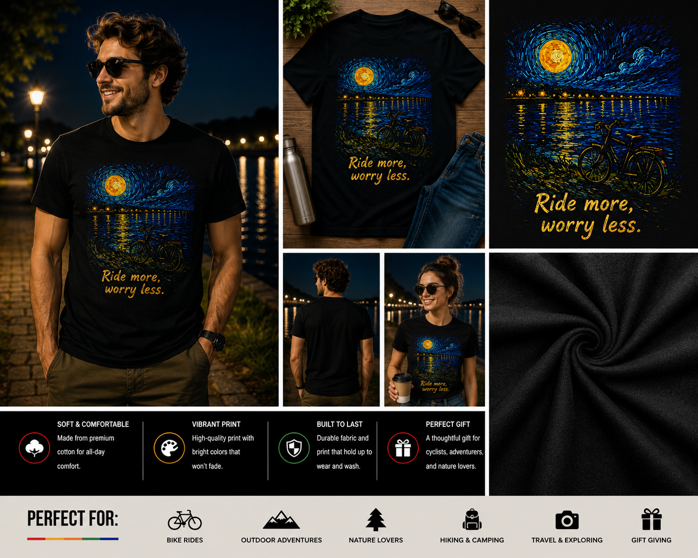 Ride More Worry Less Cycling T-Shirt | Van Gogh Inspired Bicycle Art Graphic Tee | Motivational Bike Rider Shirt for Cycling Lovers