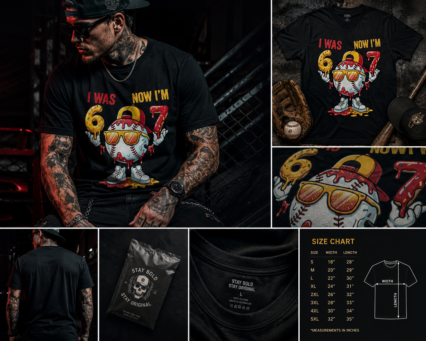 I Was 6 Now I’m 7 Baseball Birthday Shirt, Funny 7th Birthday Boy T-Shirt, Baseball Donut Graphic Tee for Kids