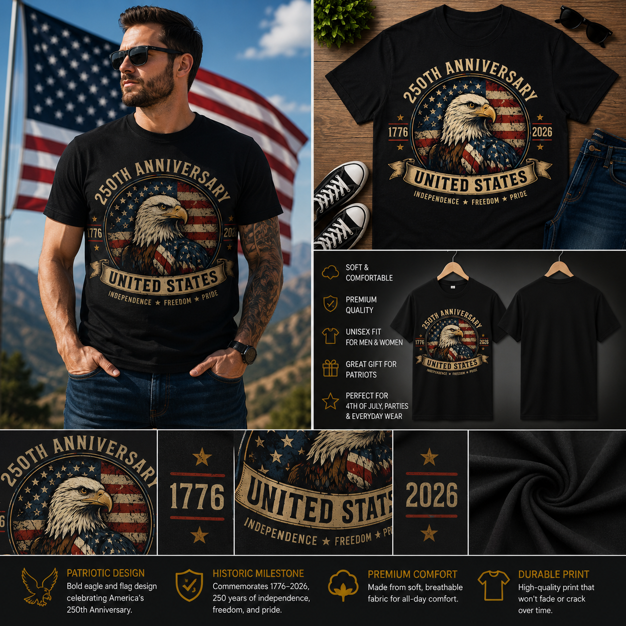 250th Anniversary United States Eagle Shirt – America 1776–2026 Patriotic Independence Day T-Shirt