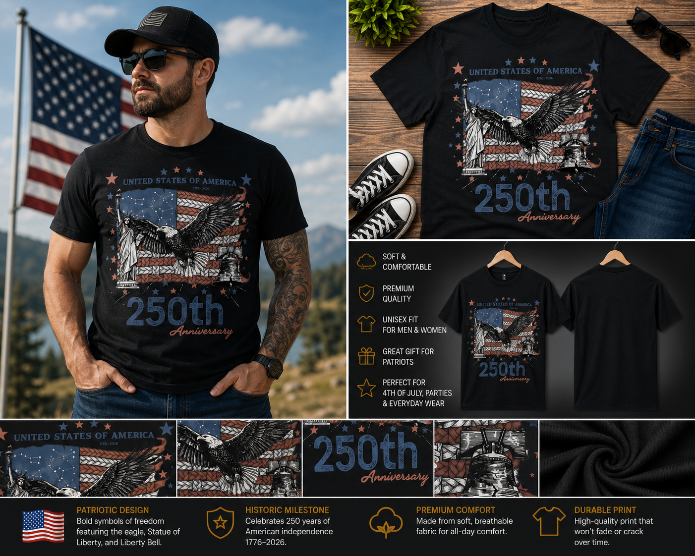 USA 250th Anniversary Shirt – United States of America Eagle Liberty Bell Patriotic 1776–2026 T-Shirt