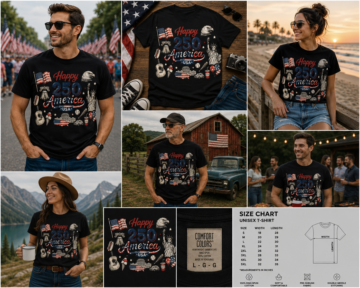 Happy 250 America T-Shirt, USA 250th Anniversary Patriotic Doodle Tee, 1776–2026 Freedom Celebration Shirt, Retro Americana Gift