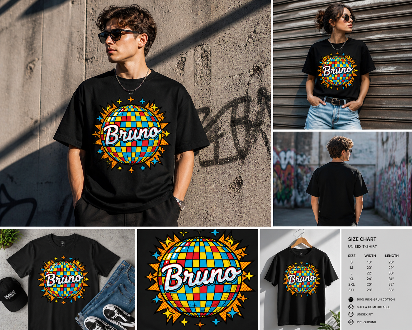 Bruno Retro Disco T-Shirt, Vintage 70s Style Name Shirt, Colorful Disco Ball Graphic Tee, Personalized Bruno Shirt