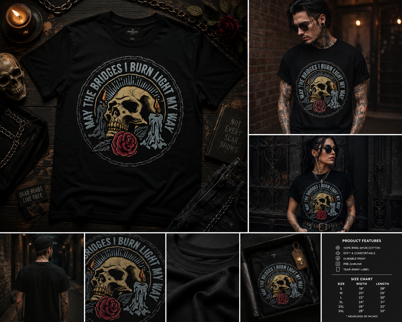 May The Bridges I Burn Light My Way Skull T-Shirt, Gothic Skull Rose Graphic Tee, Dark Aesthetic Streetwear Shirt
