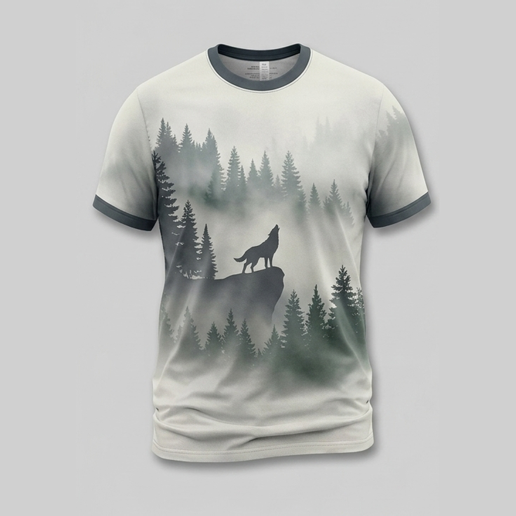 Misty Pine Forest Lone Wolf Outdoor Aop Tshirt