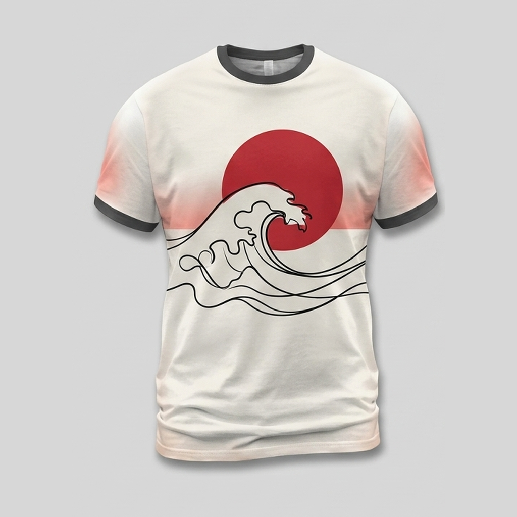 Japanese Zen Wave Crimson Solar Disc Aop Tshirt